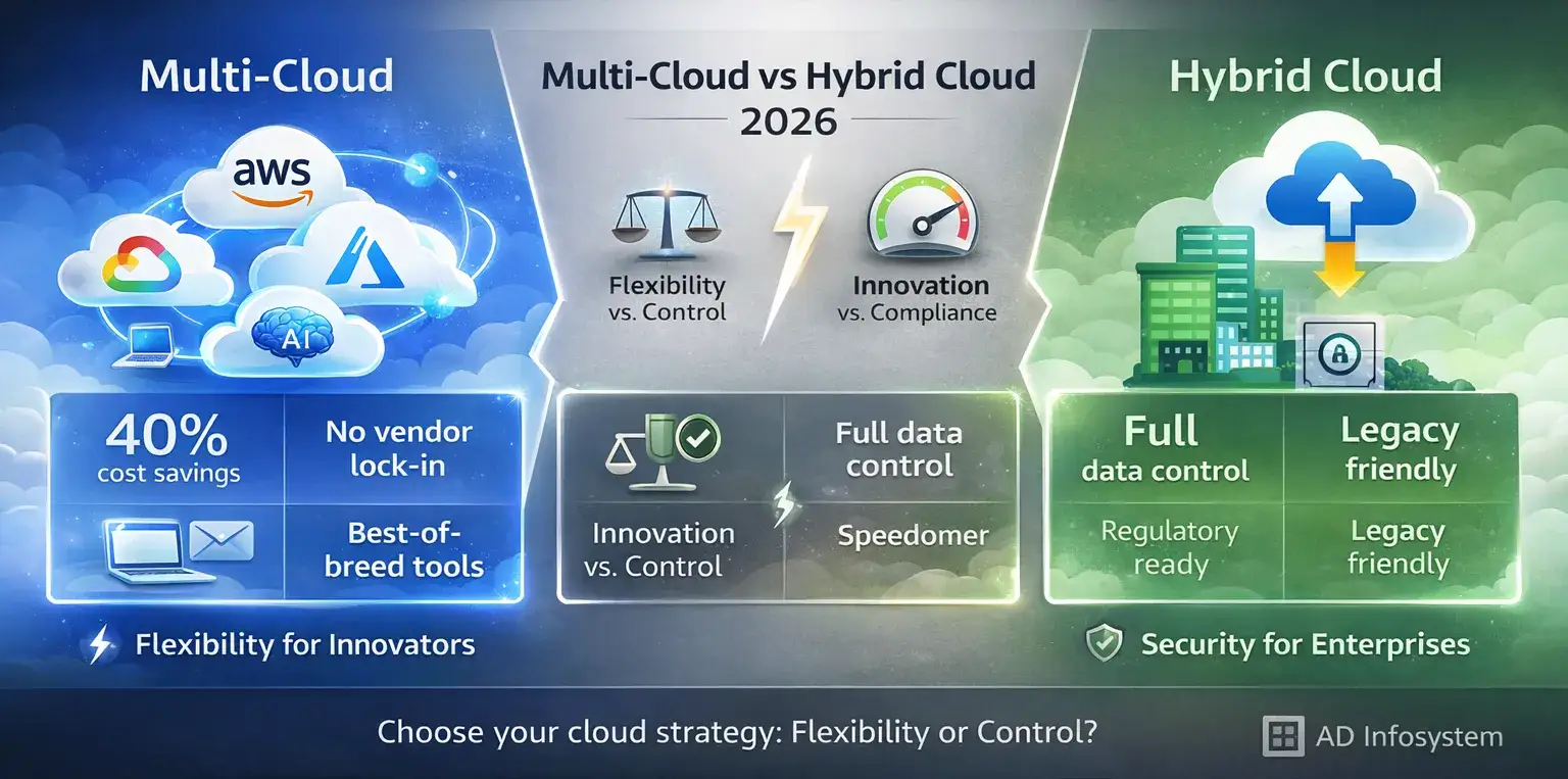 Infographic comparing multi-cloud vs hybrid cloud in 2026, showing flexibility and cost savings with multiple providers versus data control, compliance, and scalability with hybrid cloud.
